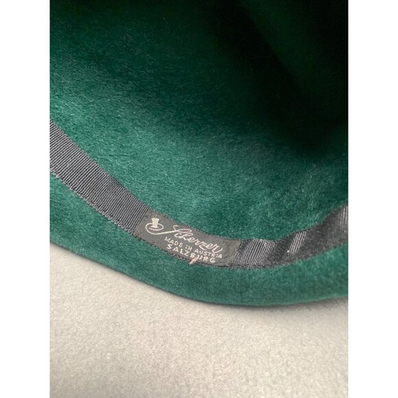 Tyrolean Green Felt Fedora Hat With Feather & Button Accents Size 22 - Picture 2 of 12